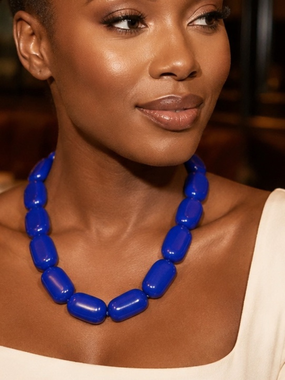 Vintage Cobalt Blue Chunky Bead Necklace Acrylic Statement Geometric 90s